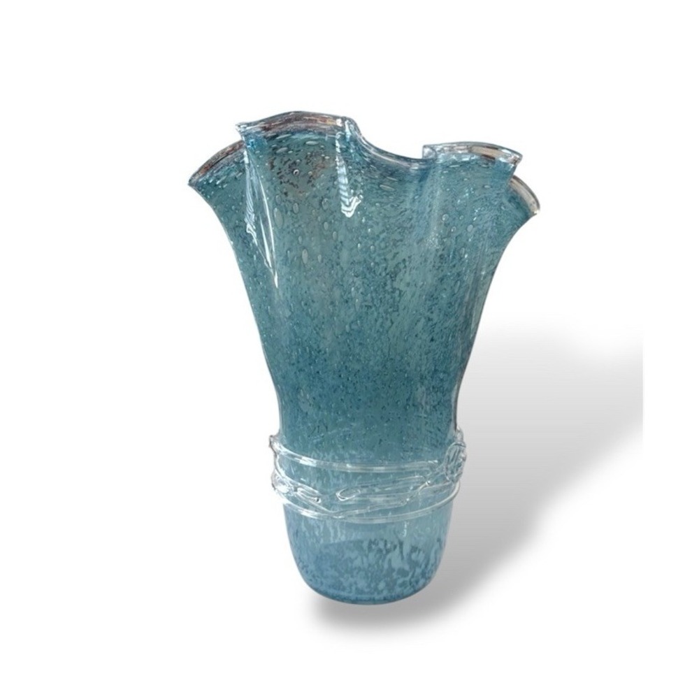 Large Ruffle Jack-in Pulpit Style MURANO ART GLASS VASE Blue Bubble Glass Ribbon